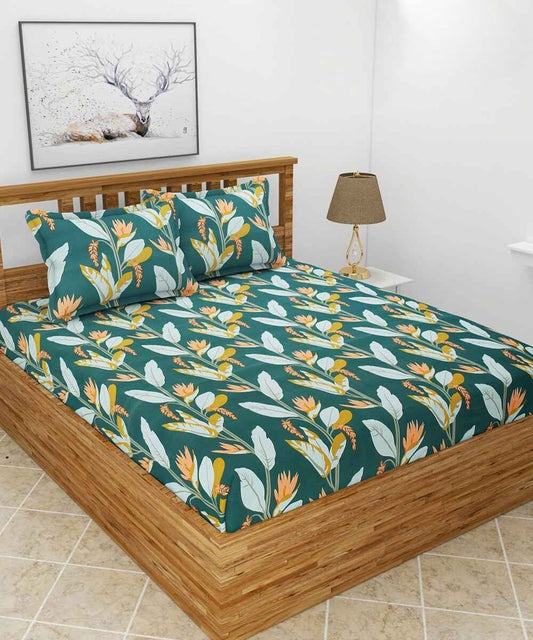 Dark Green Floral Flat King  Bedsheet with 2 Pillow Covers