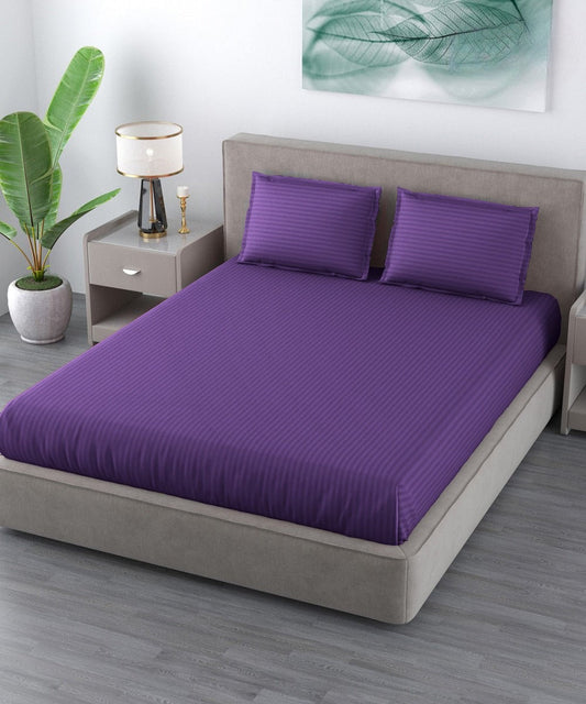 Violet Satin Stripe Flat King Bedsheet With 2 Pillow Covers