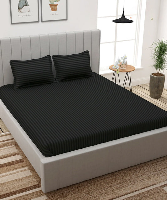 Charcoal Satin Stripe Flat King Bedsheet with 2 Pillow Covers