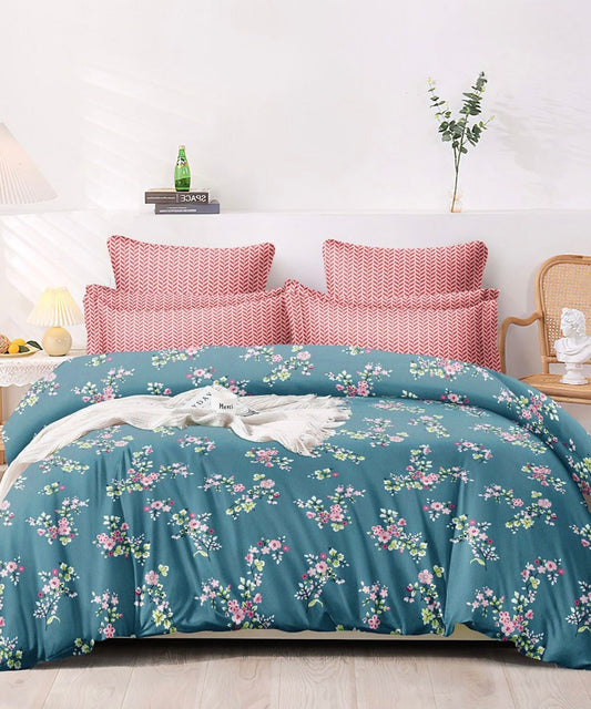 Blue Floral Flat King Bedsheet With 2 Pillow Cover