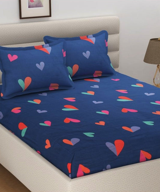 Blue Hearts Flat King Bedsheet With 2 Pillow Cover