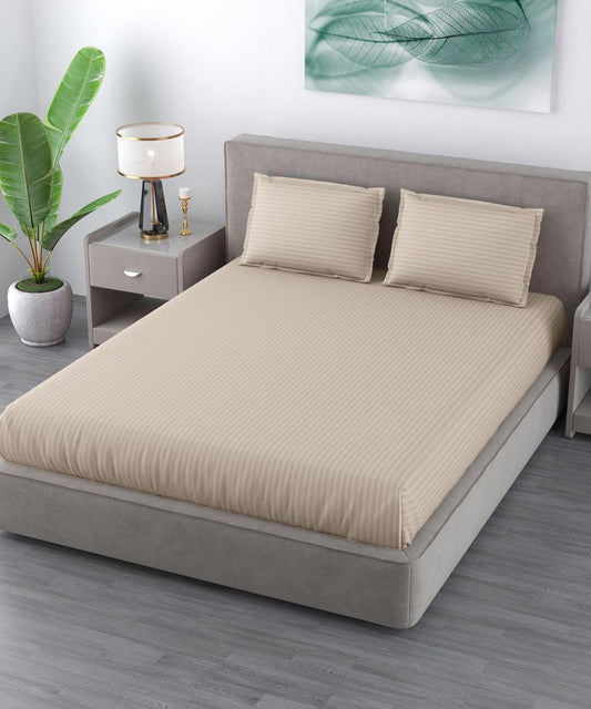 Beige Satin Stripe Flat King Bedsheet With 2 Pillow Covers